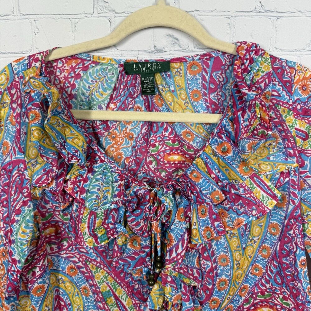 Lauren Ralph Lauren Boho Paisley Blouse Small Petite Ruffle Cottage Festival Top - Picture 3 of 9